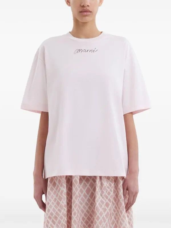 Marni o1w1db11125 Logo-Print Cotton T-Shirt in Pink Size L / US 10 / IT 46 - 2 Thumbnail