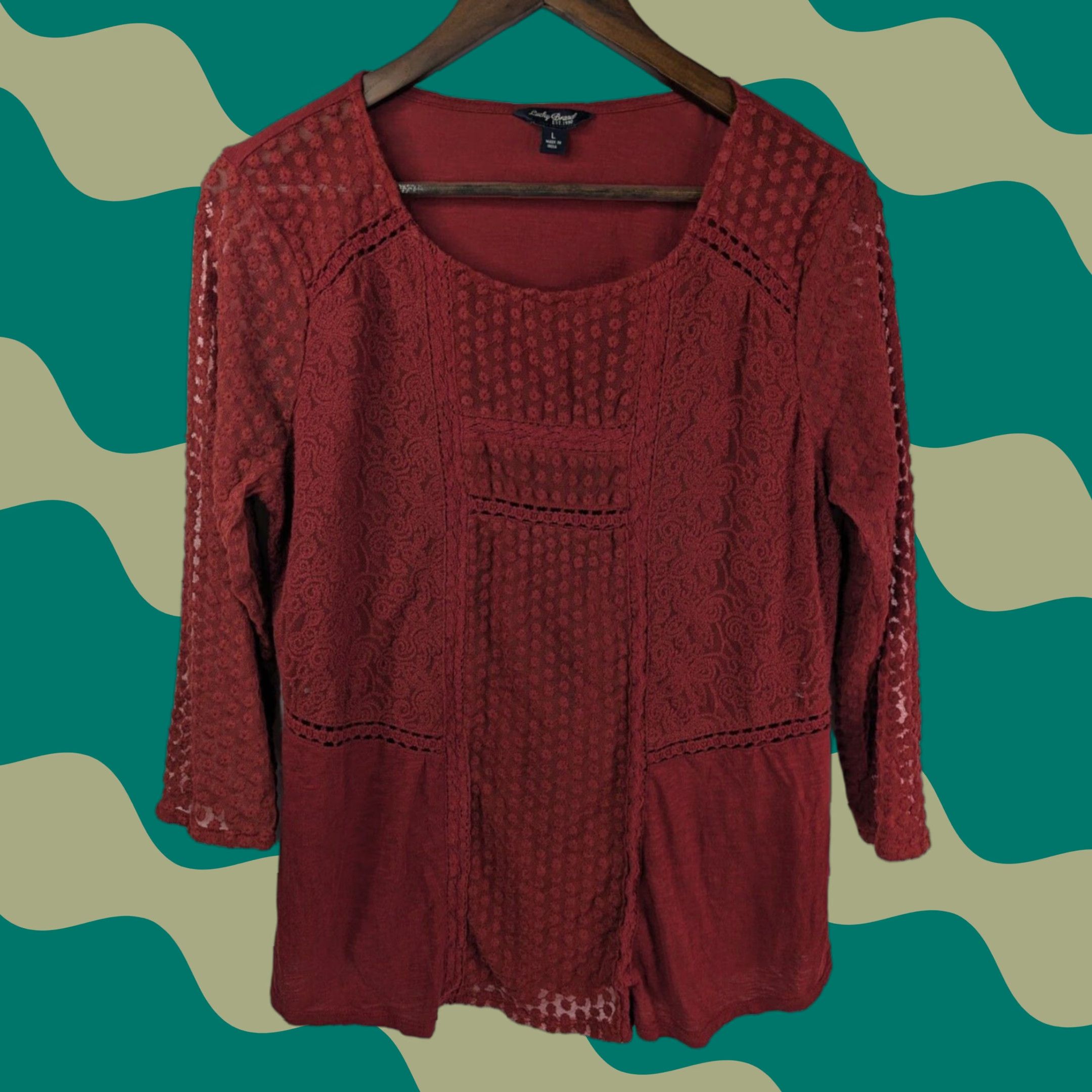 Lucky Brand Lucky Brand Blouse Shirt Long Sleeve Round Neck Red Burgundy Women L Lace Peasant Top Size L / US 10 / IT 46 - 1 Thumbnail