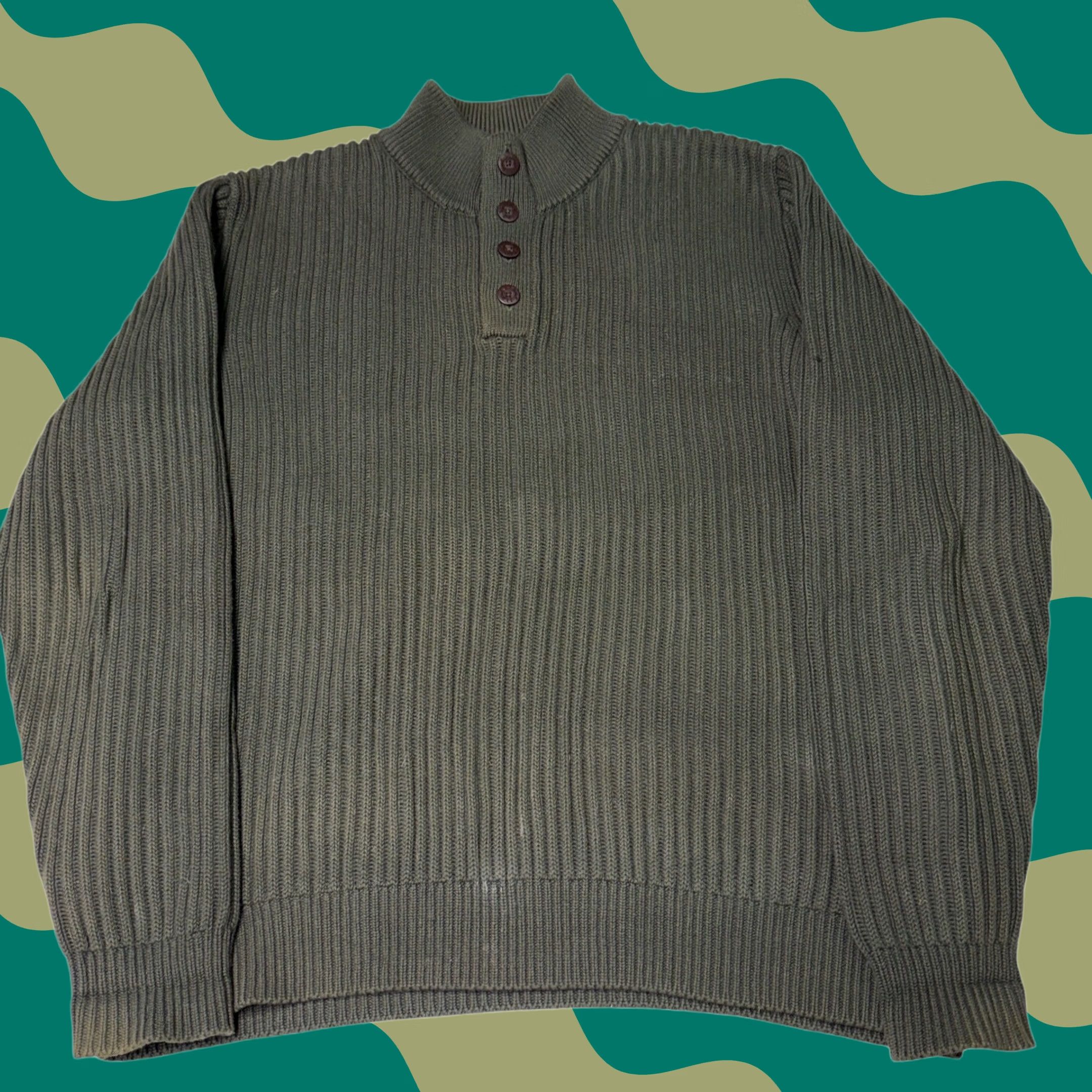 Vintage VINTAGE? Nope: LL Bean Mens Ribbed Quarter Zip Mock Neck Sweater Olive Green Cotton L REG Size US L / EU 52-54 / 3 - 1 Thumbnail