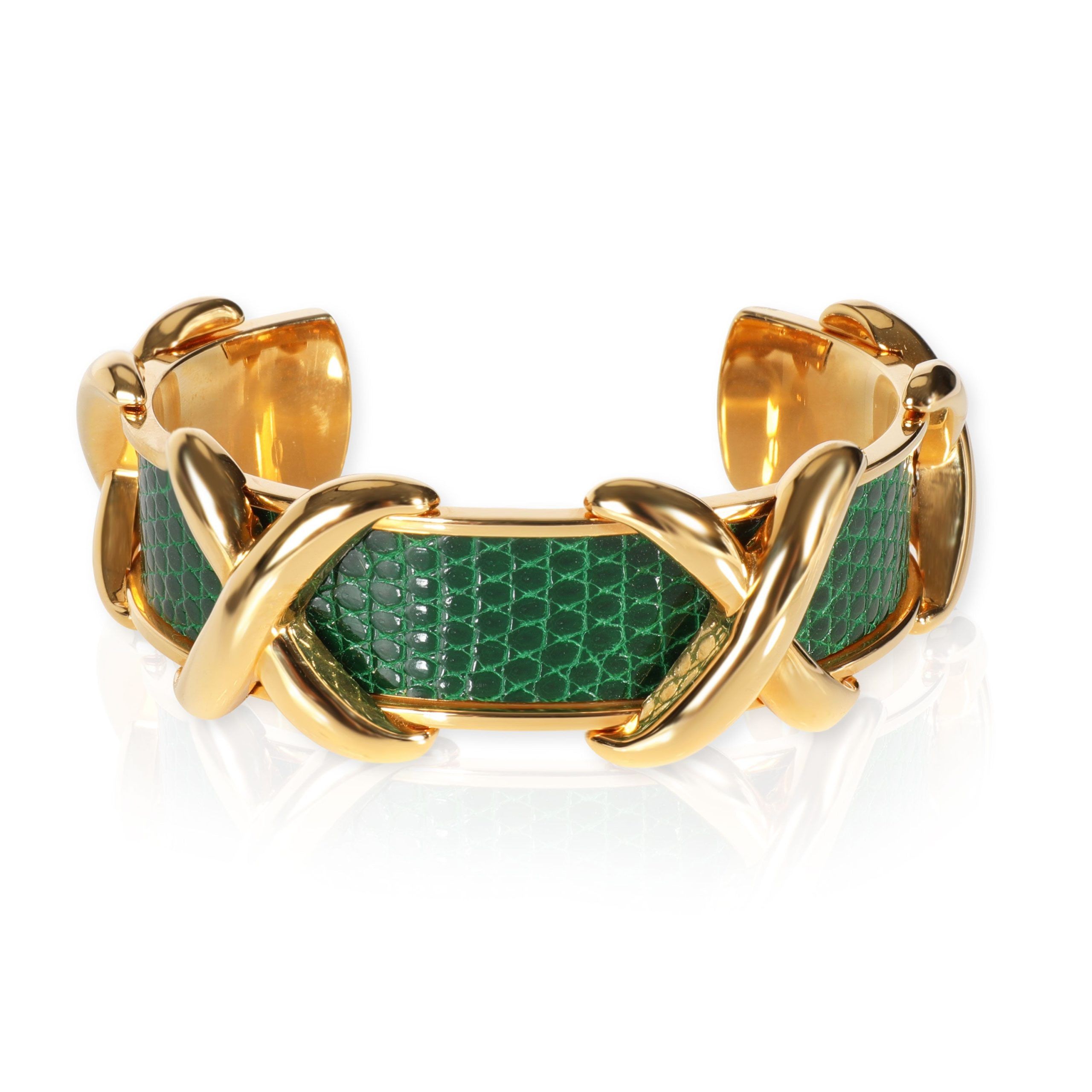 image of Vintage Hermès Gold-Plated Green Lizard X Cuff in Yellow, Women's