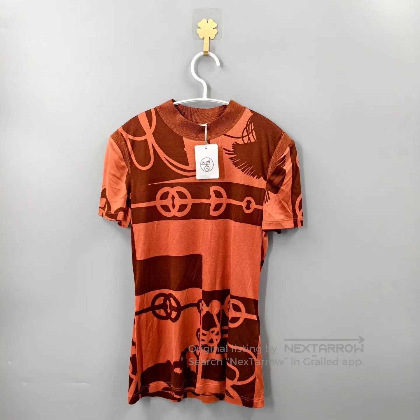 Hermes Hermes Orange Horsebit Print Silk Short Sleeve Shirt| Size XS / US 0-2 / IT 36-38 - 1 Thumbnail