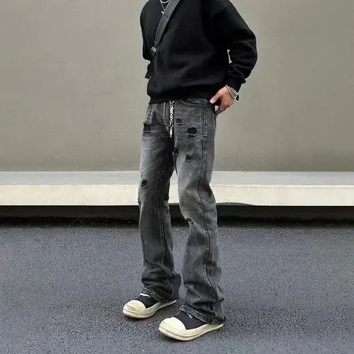 Jean Ripped Jeans Men Black Streetwear Y2k Denim Pants Size US 30 / EU 46 - 1 Thumbnail