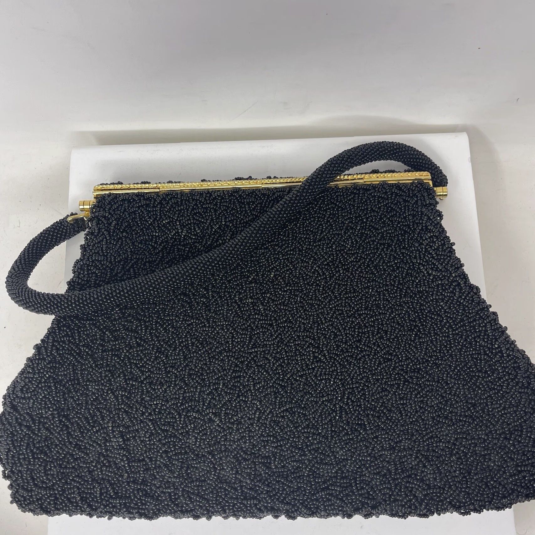 Vintage VINTAGE Hand Beaded Black Clutch Purse Beaded Hand Bag British Hong Kong 50s Women Purse Size ONE SIZE - 5 Thumbnail