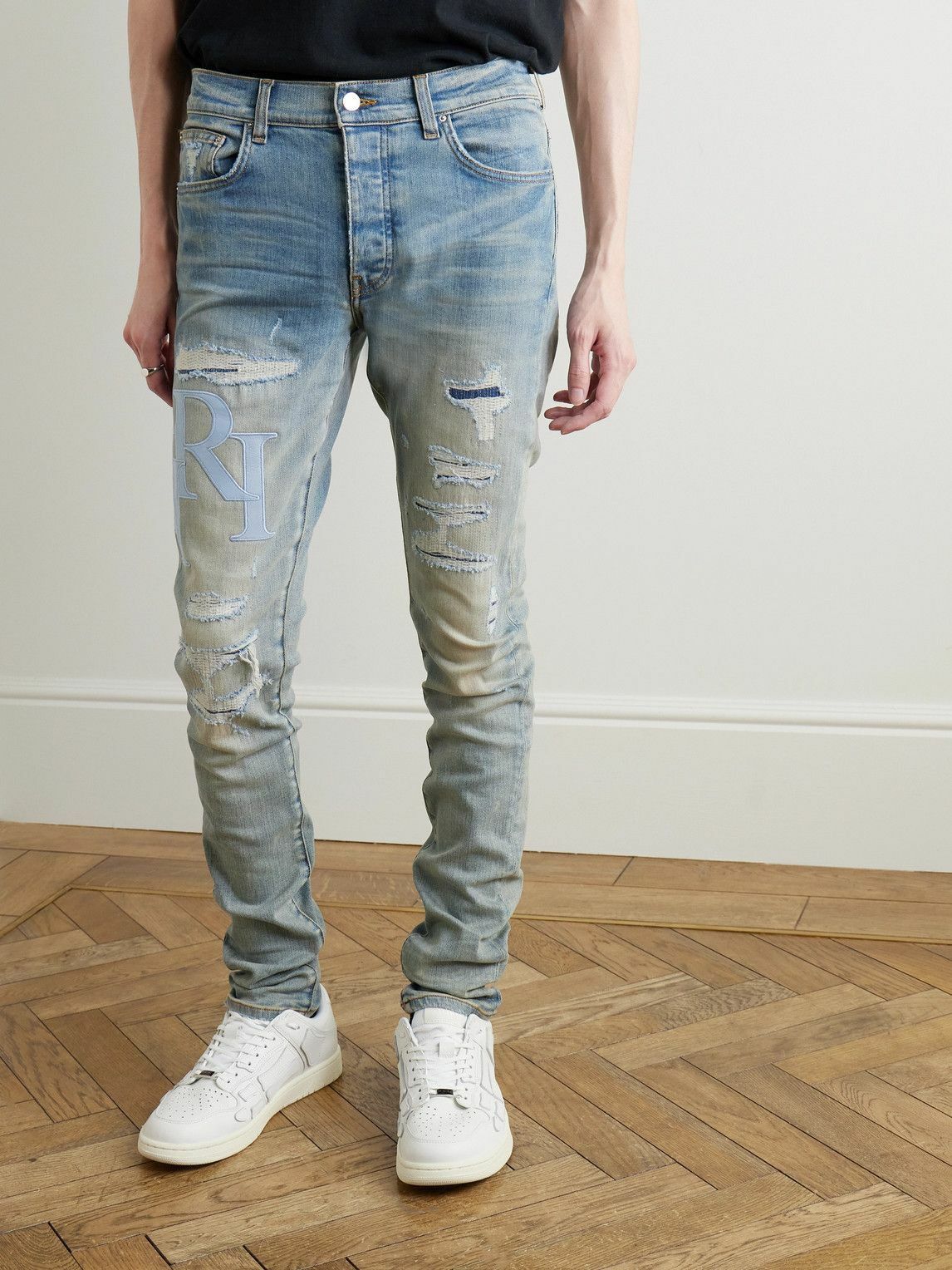 Amiri oc11z0825 Logo-Appliquéd Panelled Distressed Jeans in Blue Size US 36 / EU 52 - 4 Thumbnail