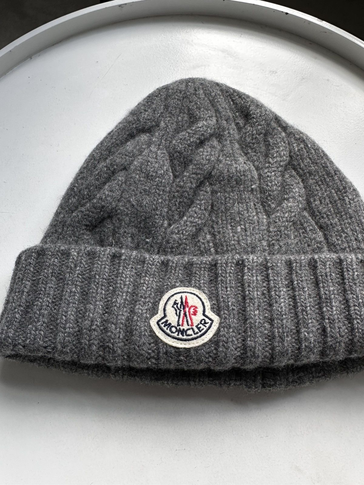 Moncler Moncler Grey Cable Knit Beanie Wool Hat Logo Patch Size ONE SIZE - 2 Thumbnail
