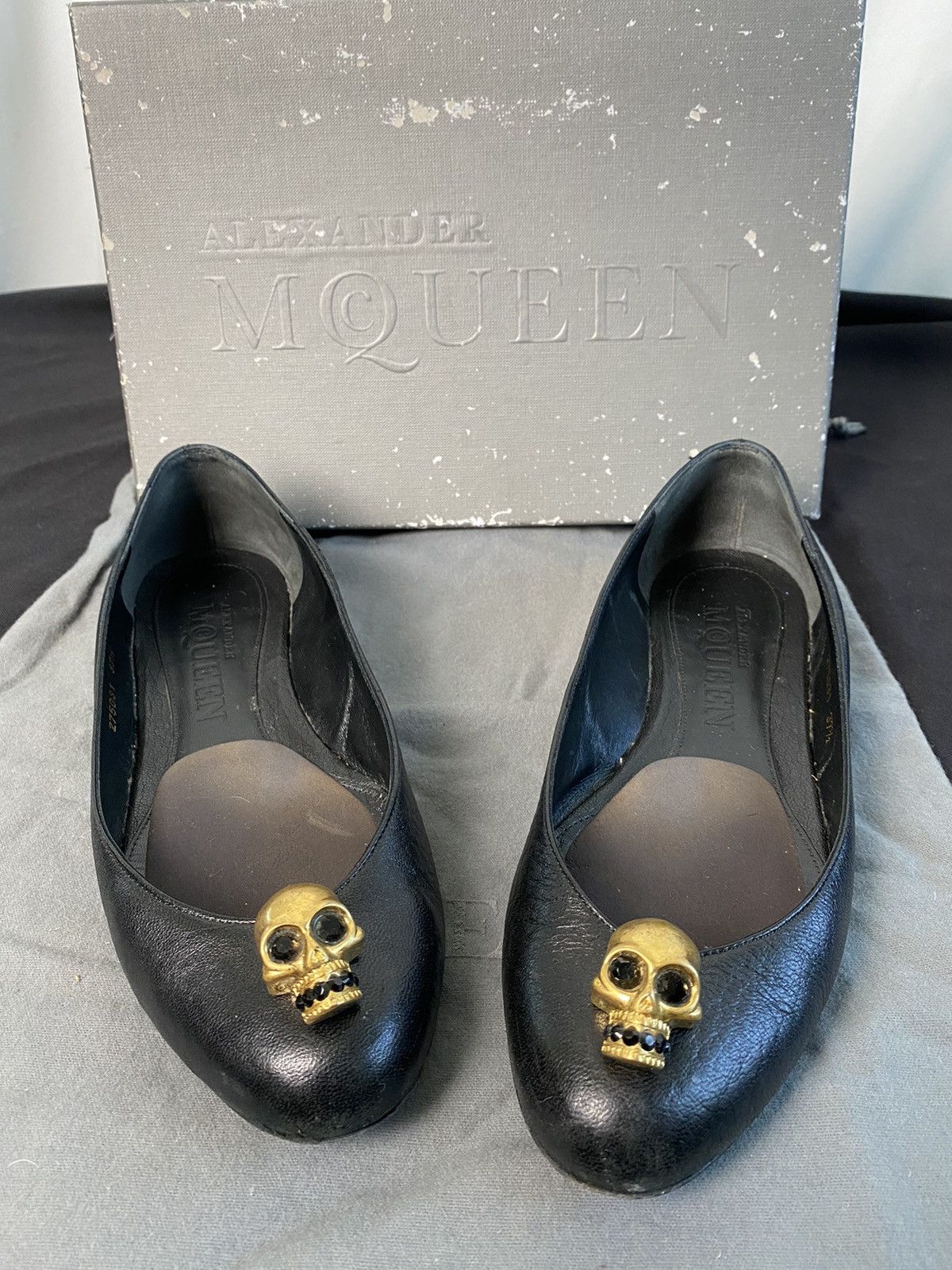 image of Alexander Mcqueen Black Leather Crystal Gold Skull Flats, Women's (Size 7)