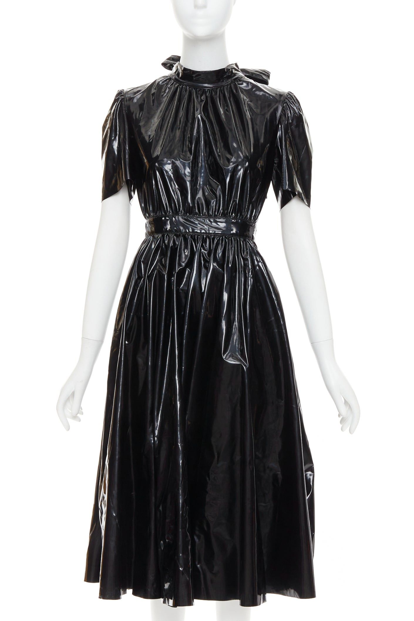 MSGM MSGM Vinyl Midi Nero black PVC short sleeve back bow tie midi dress IT38 XS Size XS / US 0-2 / IT 36-38 - 1 Thumbnail
