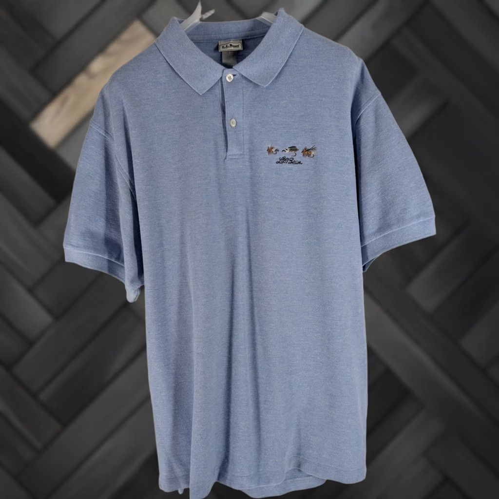 Vintage Ll Bean Polo Shirt Usa Fly Fishing Lure Embroidery Blue M Mens Polo Shirt 80s Embroidered Fishing Grandpacore, Men's