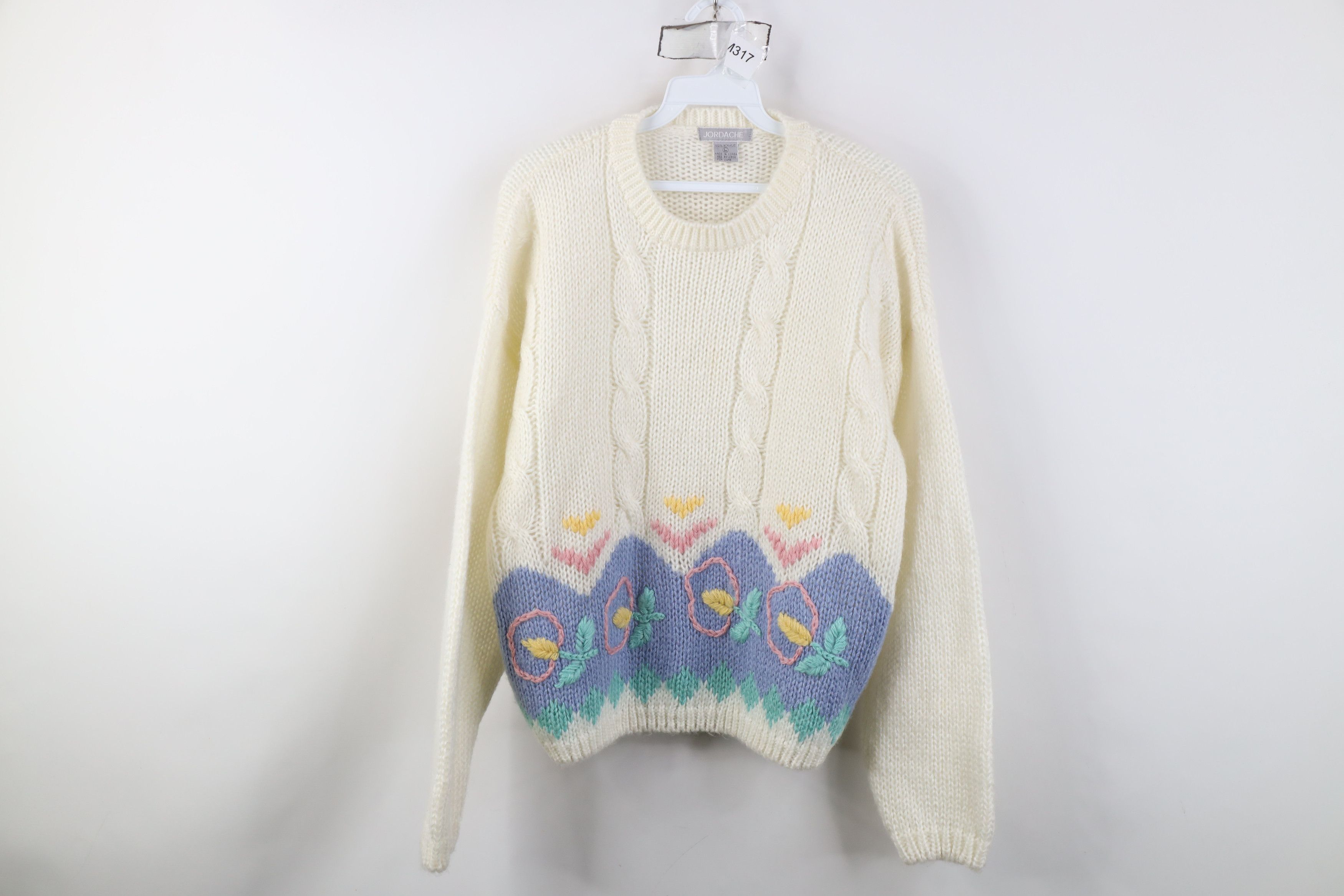 Vintage Vintage 90s Streetwear Embroidered Flower Cable Knit Sweater Size L / US 10 / IT 46 - 1 Thumbnail