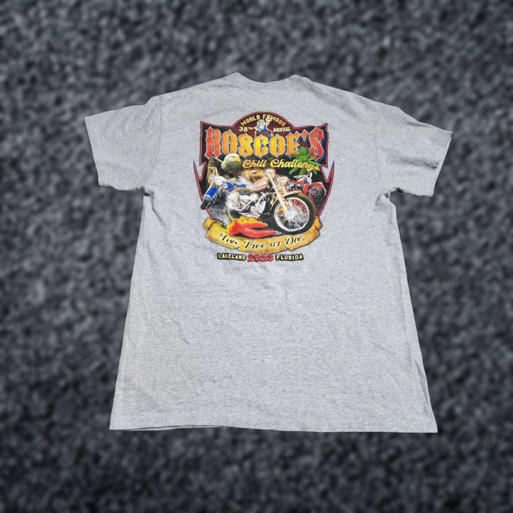Gildan Roscoes Chili Challenge 2023 Lakeland FL Shirt Mens S Gray Graphic Print Logo Size US S / EU 44-46 / 1 - 1 Thumbnail