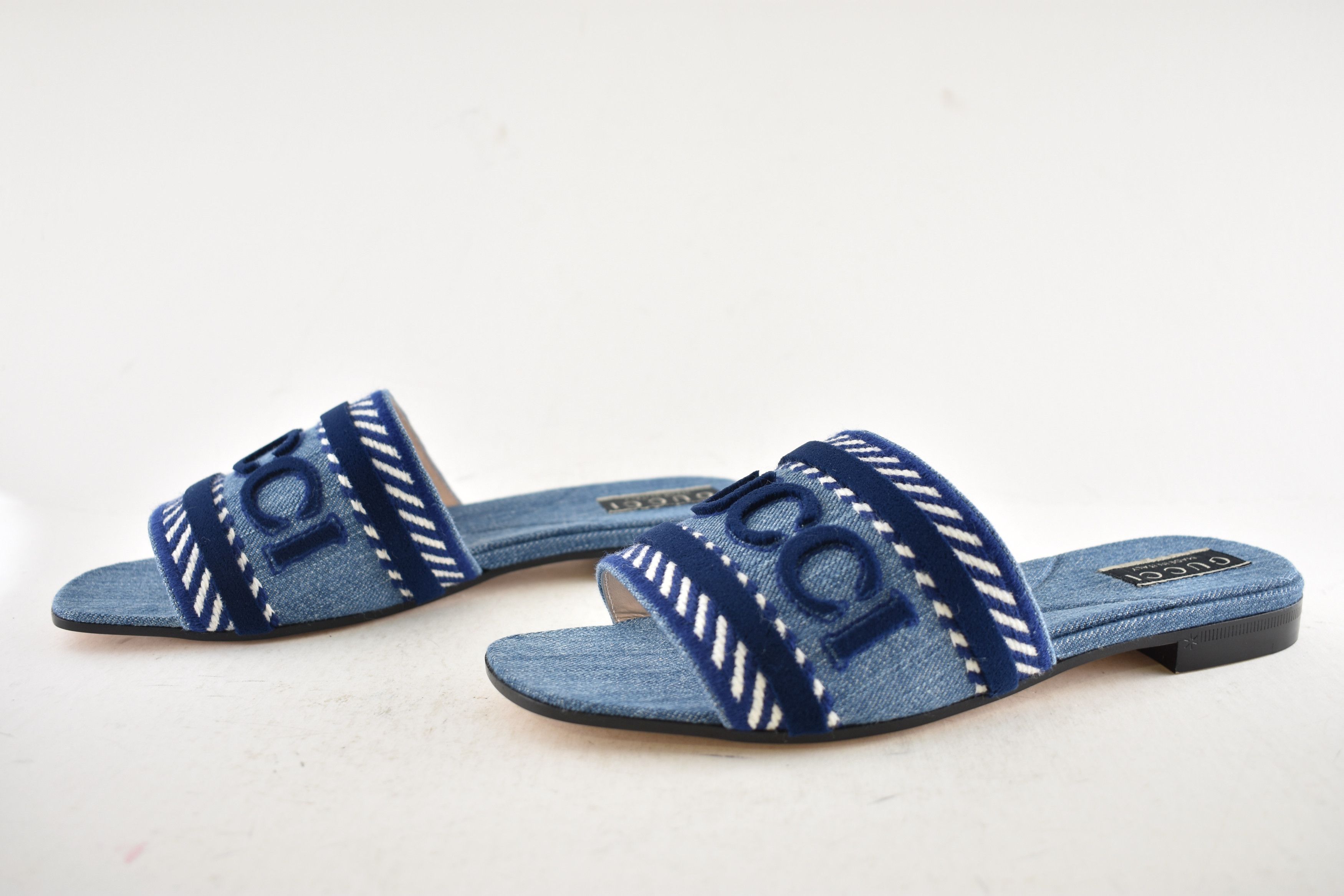 Gucci Gucci Jane Blue Denim Velvet Logo Mule Flat Slide Sandal 37 Size US 7 / IT 37 - 14 Thumbnail