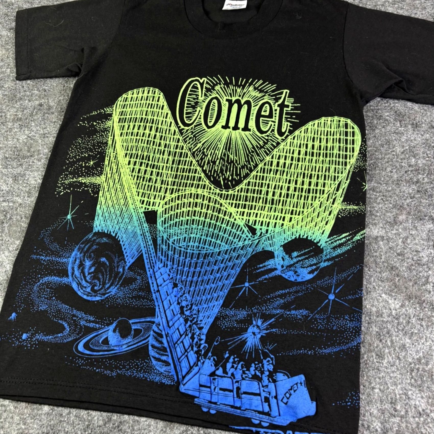 Vintage VINTAGE Stedman Super 50 Comet Roller Coaster T-Shirt Black Small Neon Graphic Shirt Unisex 1980s Graphics Size US S / EU 44-46 / 1 - 6 Thumbnail