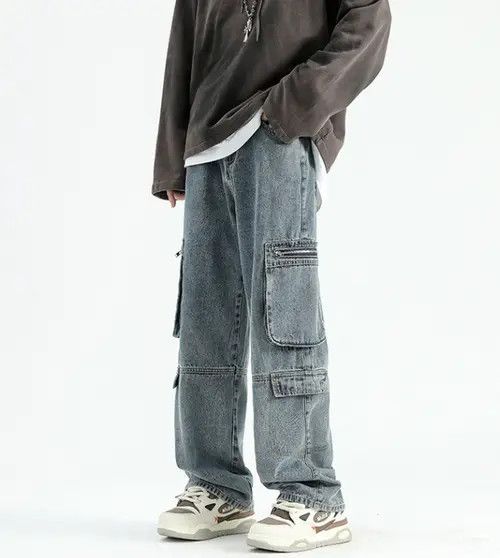 Pants Washed vintage straight multi-pocket cargo jeans