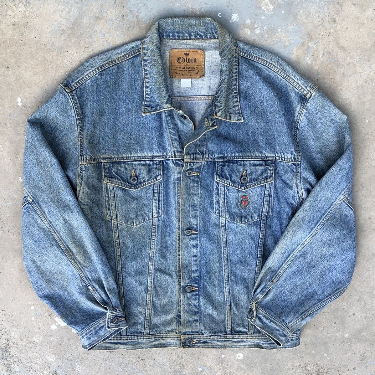 image of Denim Jacket x Edwin Vintage Edwin Men’S Embellished Denim Trucker Jacket in Blue, Men's (Size 2XL)