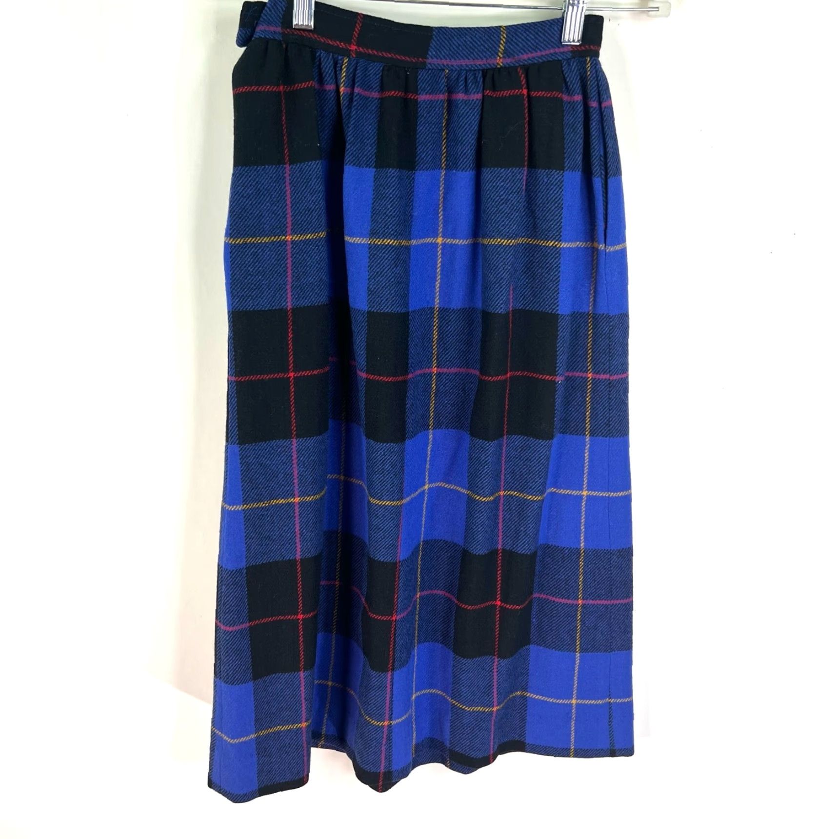 Vintage VINTAGE 100% WOOL Pleated A-Line Skirt - Blue Check Tweed Button Side Midi Women Size 4 USA Brand Unbranded Women Size 27" / US 4 / IT 40 - 5 Thumbnail