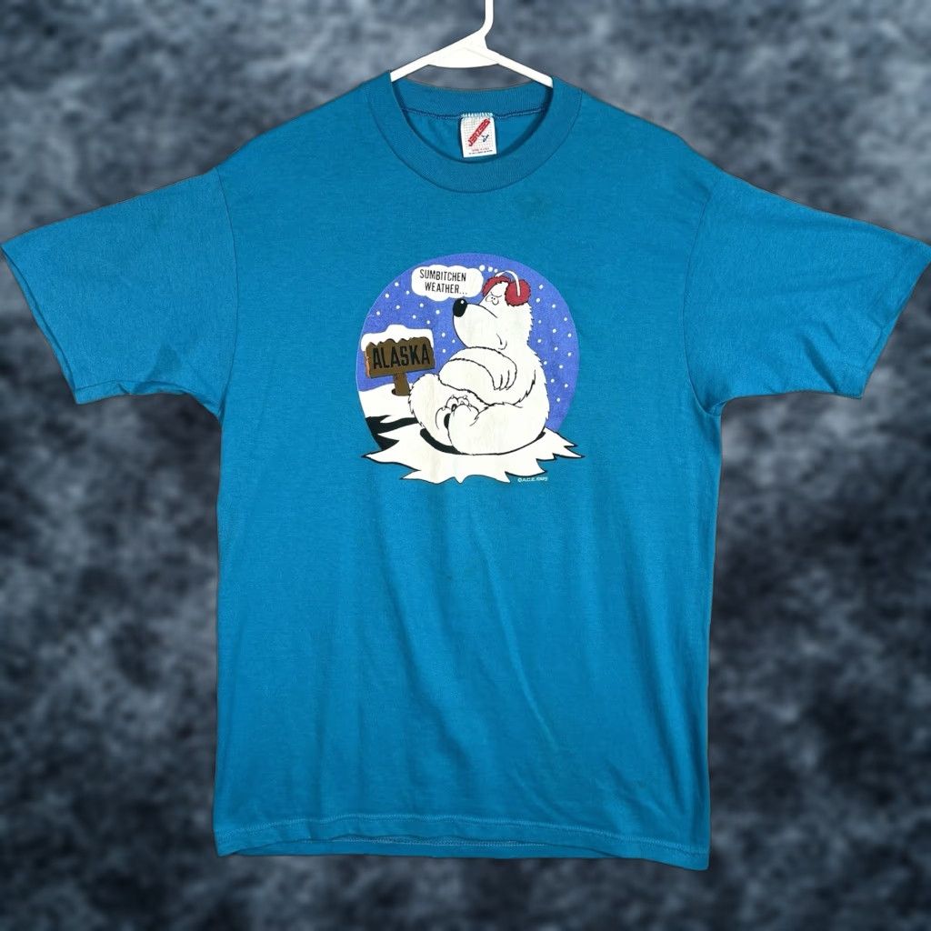 Jerzees VINTAGE 1980s Alaska Sumbitchen Weather T Shirt Mens Large Blue Jerzees Graphic Tee Adult L USA Made Size US L / EU 52-54 / 3 - 1 Thumbnail