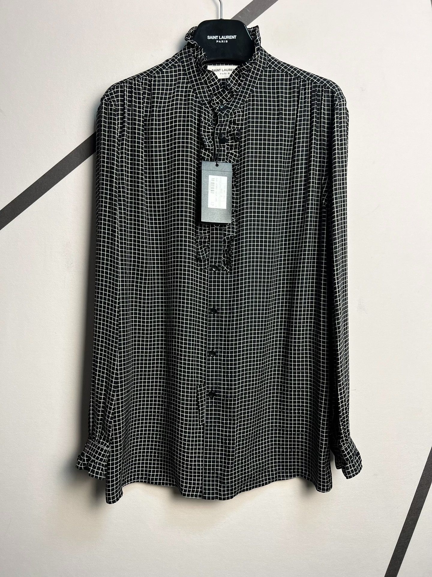 Saint Laurent Paris Saint Laurent SLP 2022 Runway Ruffled Grid Silk Shirt Size S / US 4 / IT 40 - 1 Thumbnail