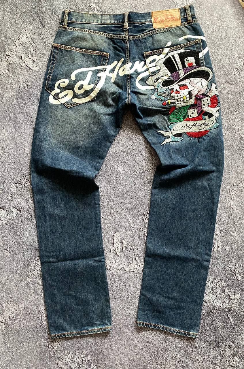 Pre-owned Ed Hardy X Vintage Ed Hardy Embroidered Logo Y2k Jeans In Navy