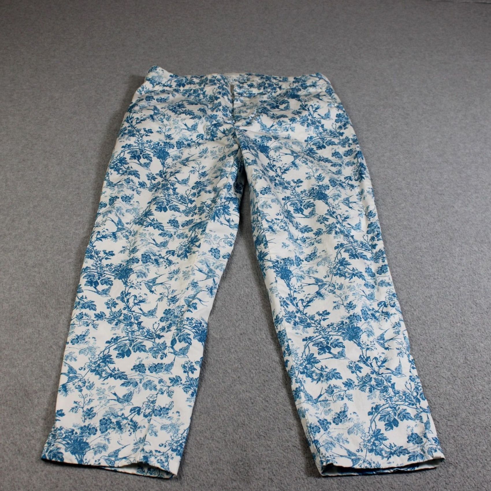 Vintage Garnet Hill Pants Women 10 Blue Floral Bird Chino Ankle Cropped Cotton Coastal Size 32" / US 10 / IT 46 - 2 Thumbnail