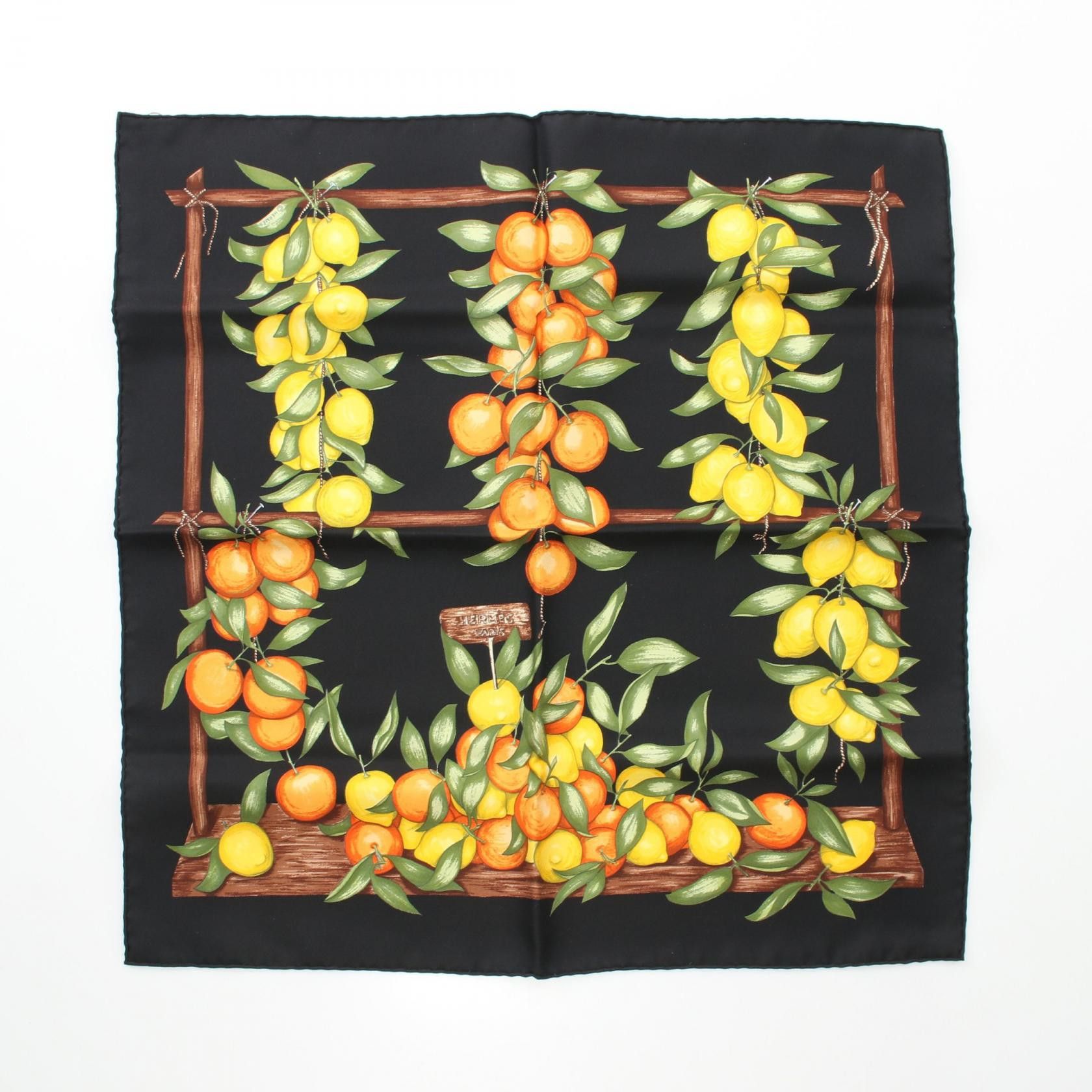 Hermes Hermes Petit Carres 45 Scarf Fruit Pattern Silk Black Multicolor Size ONE SIZE - 1 Thumbnail