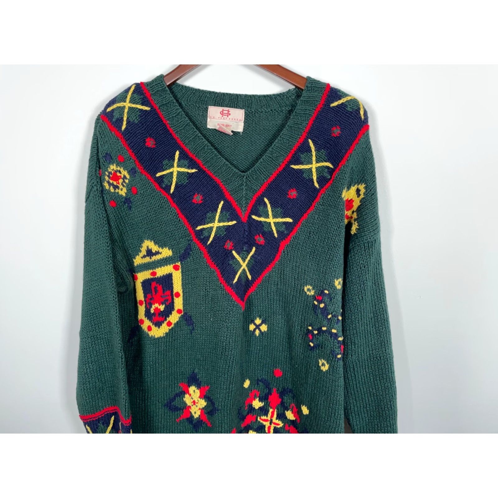 Vintage VINTAGE HG Preferred Hand Knit V-Neck Sweater Women Large Dark Green Geometric Tennis Style 90s Retro Pullover Heavyweight Cotton Blend Womens Size L / US 10 / IT 46 - 4 Thumbnail