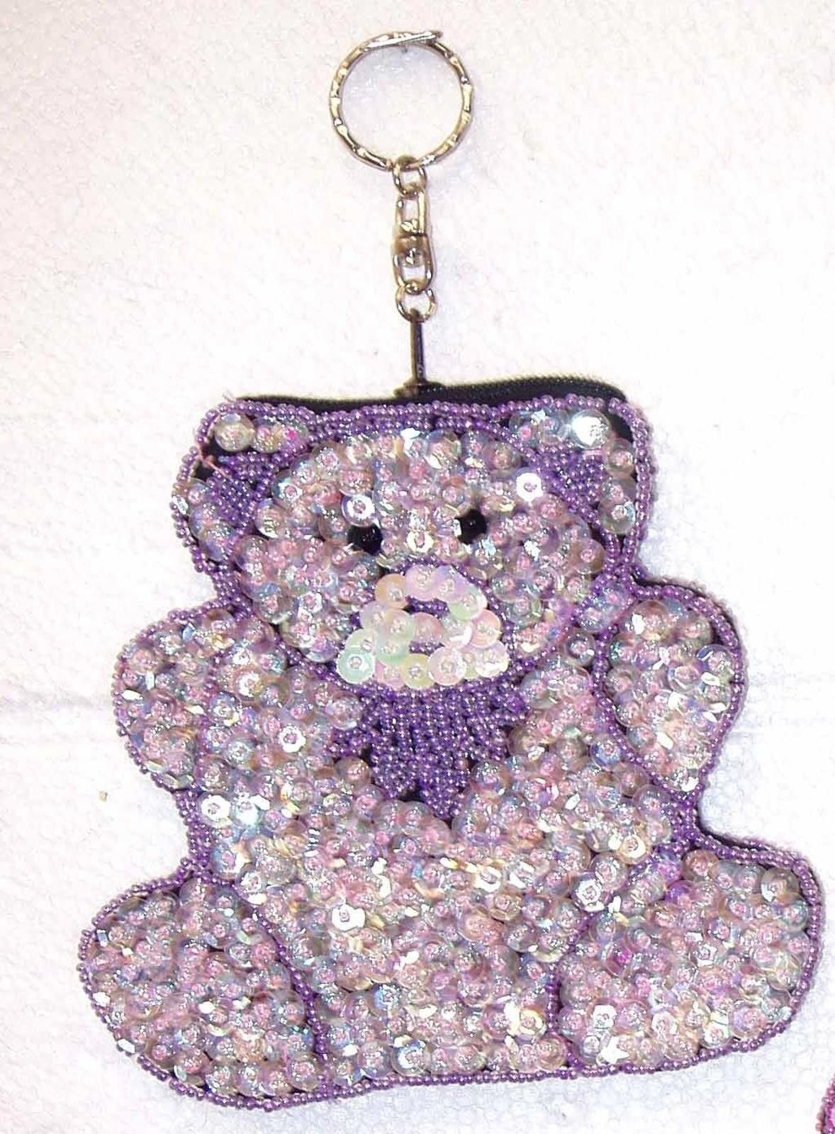 Designer Sequin Beaded Coin Purse Keychain Lite PURPLE TEDDY BEAR Size ONE SIZE - 1 Preview