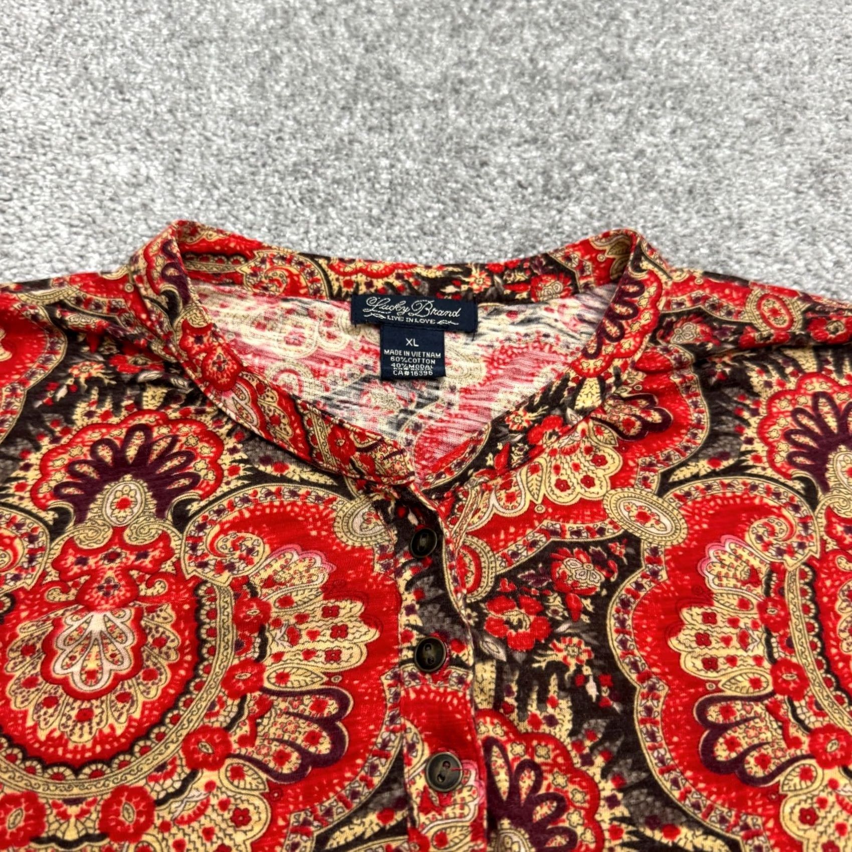Lucky Brand Lucky Brand Paisley Henley Blouse Womens XL Red Swirl Pattern Casual Sleeve Button Top Size XL / US 12-14 / IT 48-50 - 4 Thumbnail