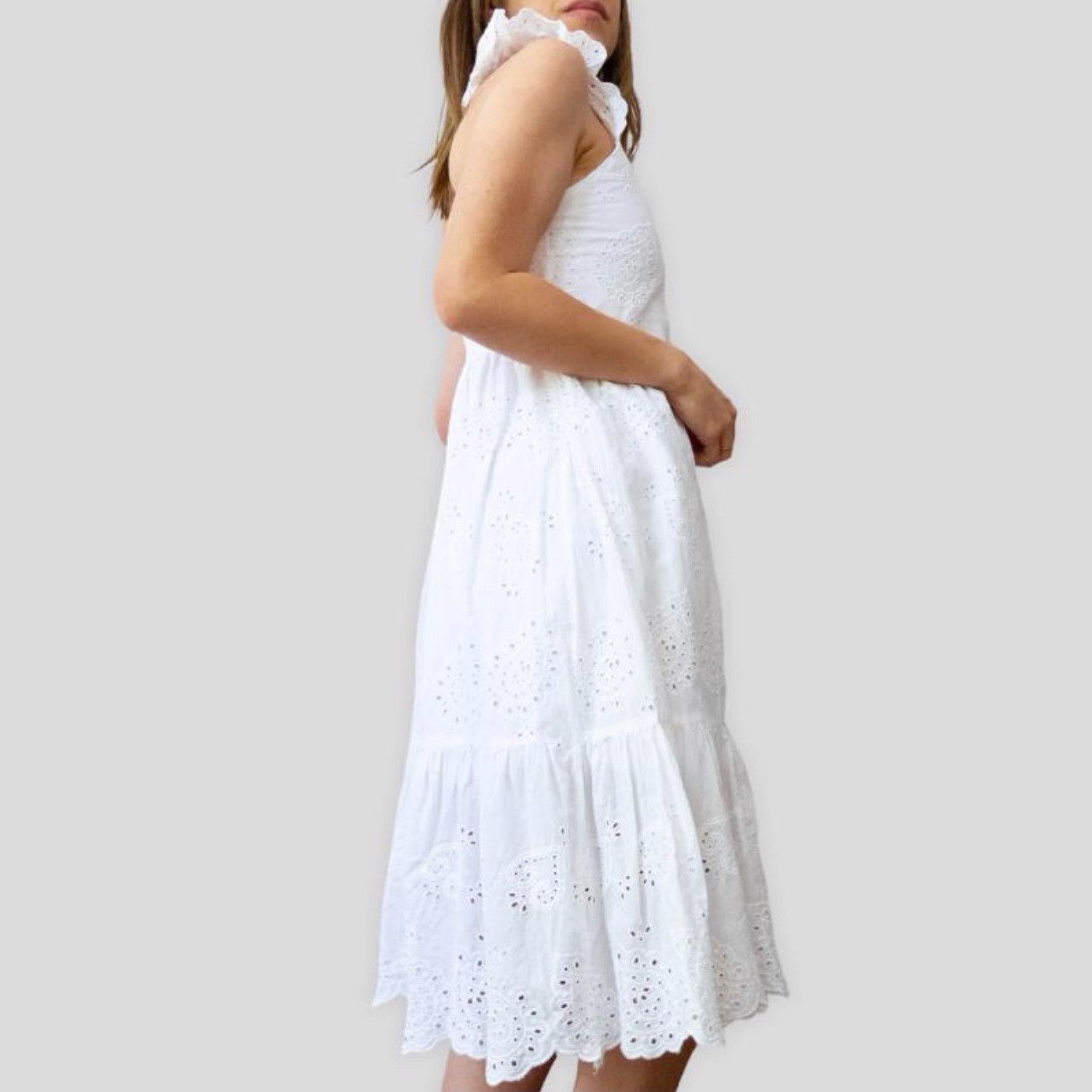 Japanese Brand Vintage 00s White Cotton Eyelet Paisley Midi Dress Size XXS / US 00 / IT 34 - 2 Thumbnail