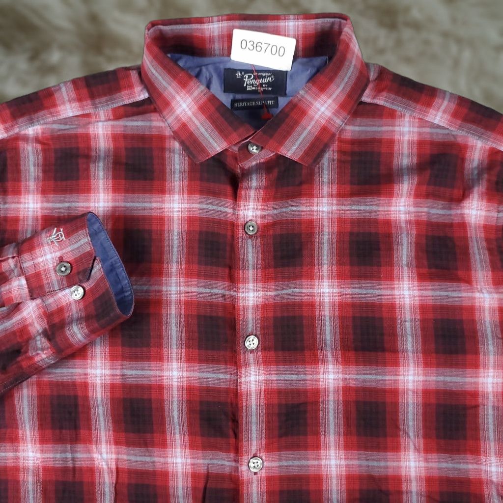 Original Penguin Original Penguin Shirt Adult Size 16 Red Plaid Dress Shirt Long Sleeve Button Up Cotton Modern Classic Mens Size 42R - 1 Thumbnail
