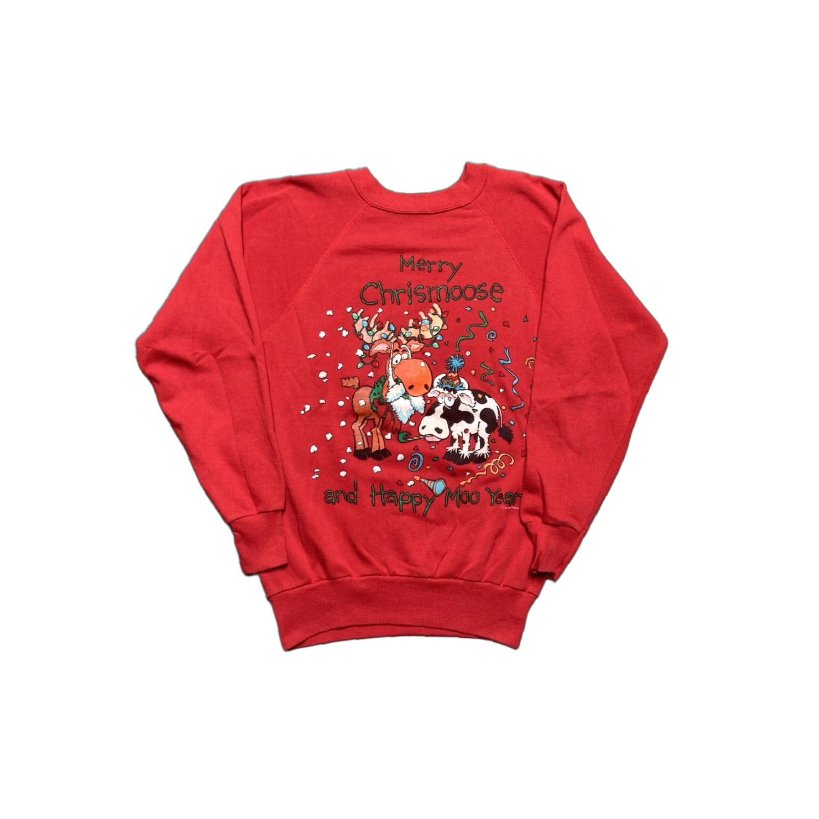 Vintage VINTAGE Sweatshirt Merry Christmas Happy Moo Year Cow Moose Medium Red Mens Crewneck 80s Size US M / EU 48-50 / 2 - 1 Thumbnail