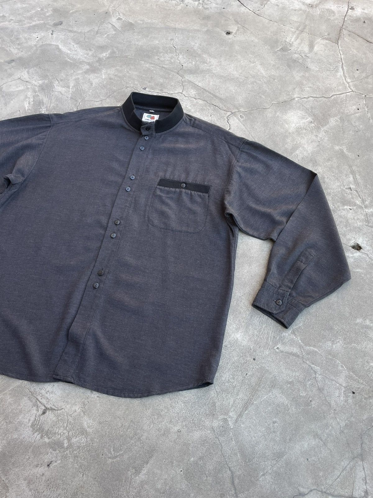 Vintage Mandarin Collar Shirt: Dark Gray Viscose, Italy Size US L / EU 52-54 / 3 - 9 Thumbnail