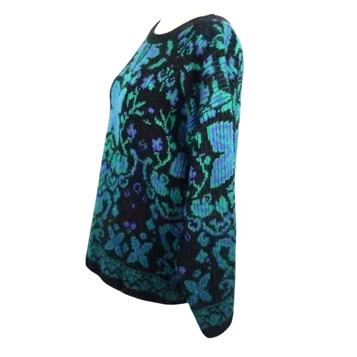 Vintage VINTAGE Carducci Sweater Womens 80s Floral Knit Acrylic Long Sleeve L Black Green Blue Bohemian Fall Winter Pullover Size L / US 10 / IT 46 - 3 Thumbnail
