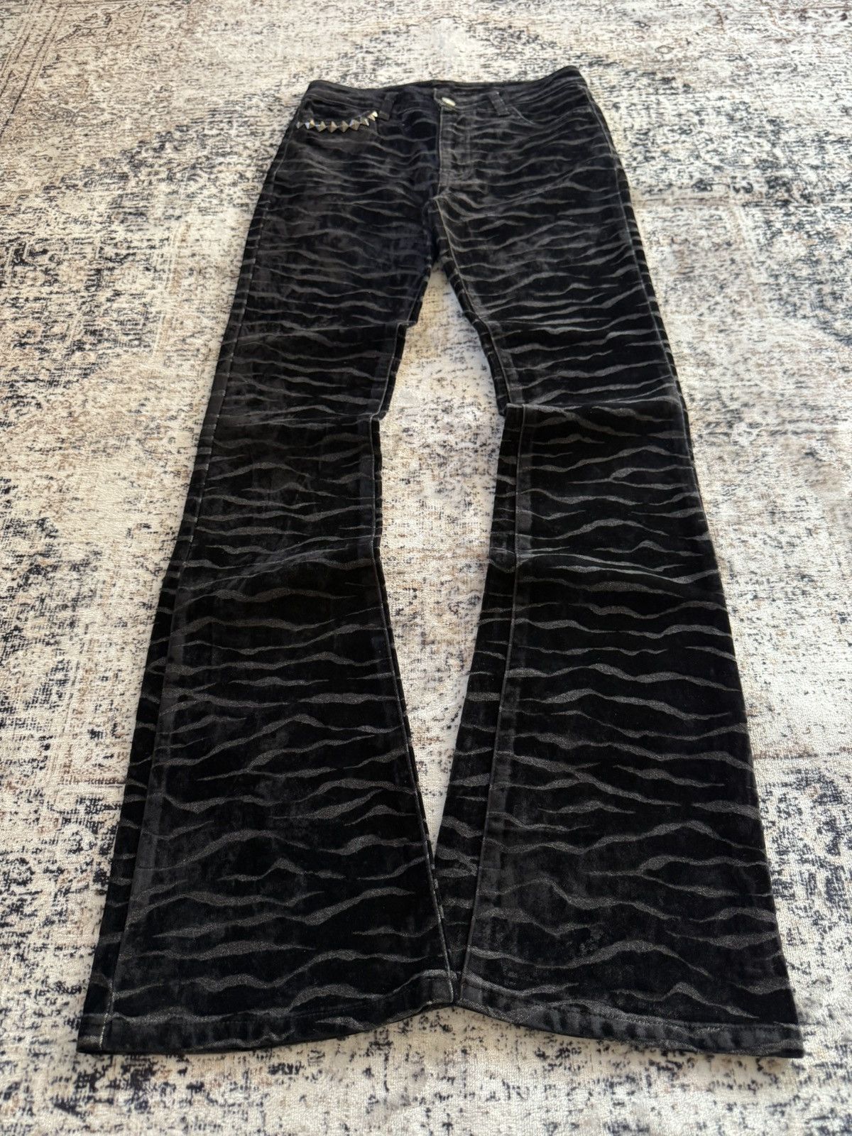 Pre-owned If Six Was Nine Celluloid Japan Studded Zebra Velvet Texture Flared Jeans In Black