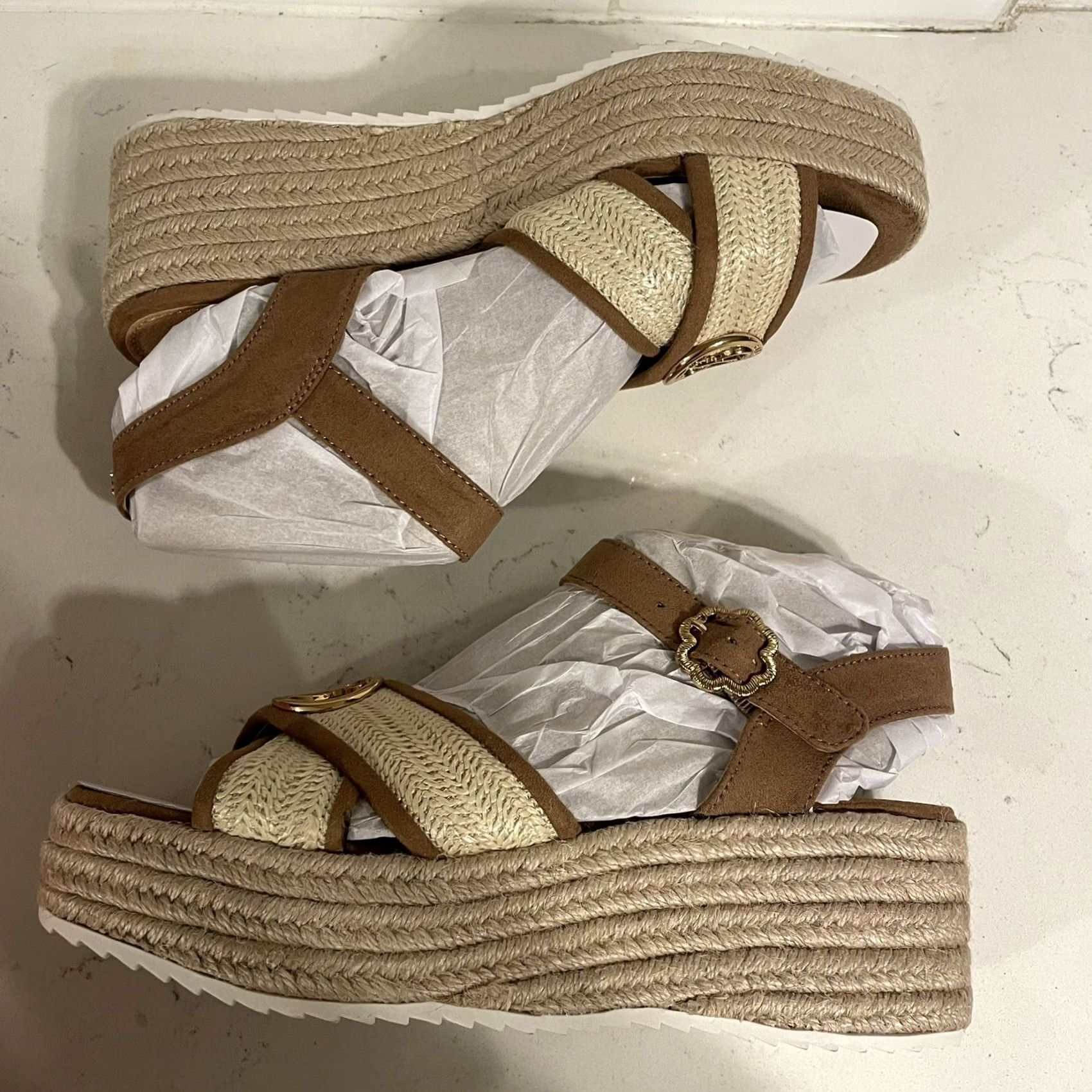 Vintage Sam & Libby Corrinne Women's US 9 Brown Wedge Sandal Gold Open Toe Slip On NEW Size US 9 / IT 39 - 7 Thumbnail