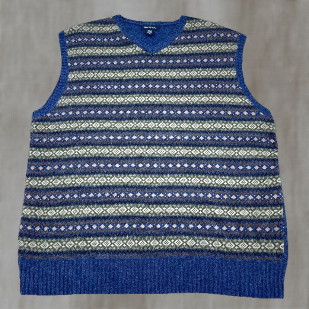 Nautica VINTAGE Nautica Sweater Vest Men XL Blue Fair Isle Wool Blend Knitted Classic Dress Casual Office Size US XL / EU 56 / 4 - 1 Thumbnail