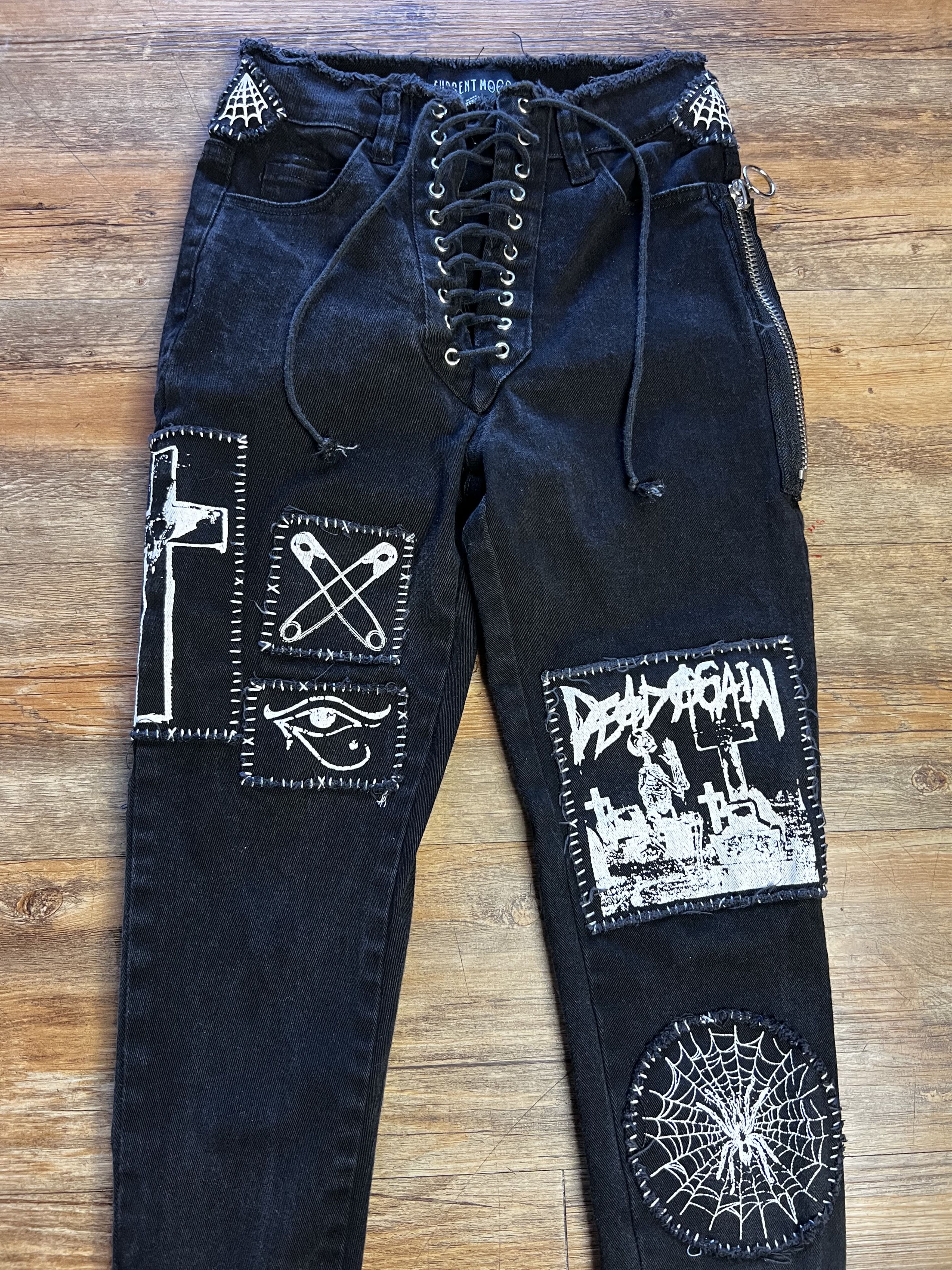 Current Mood Dolls Kill Current Mood Patchwork Lace Up Front Skinny Jeans Size 22" - 3 Thumbnail