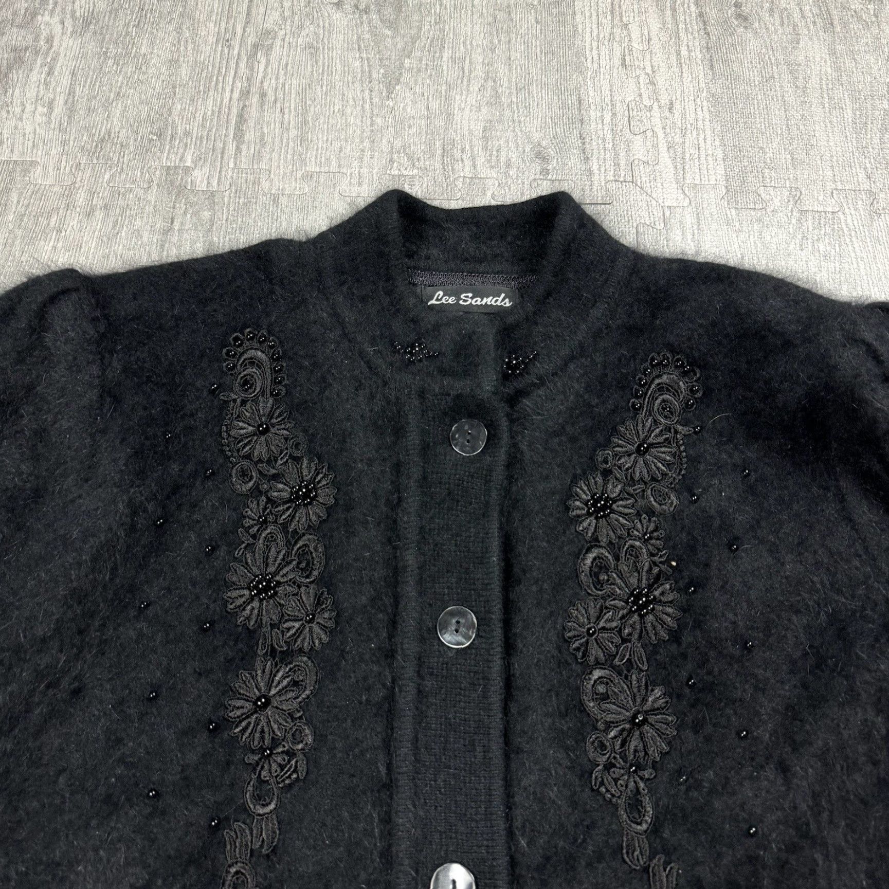 Lee VINTAGE Lee Sands Women's Beaded Angora Fuzzy Long Sleeve Button-Up Cardigan Jacket One Size Black Fall Winter Size ONE SIZE - 2 Thumbnail