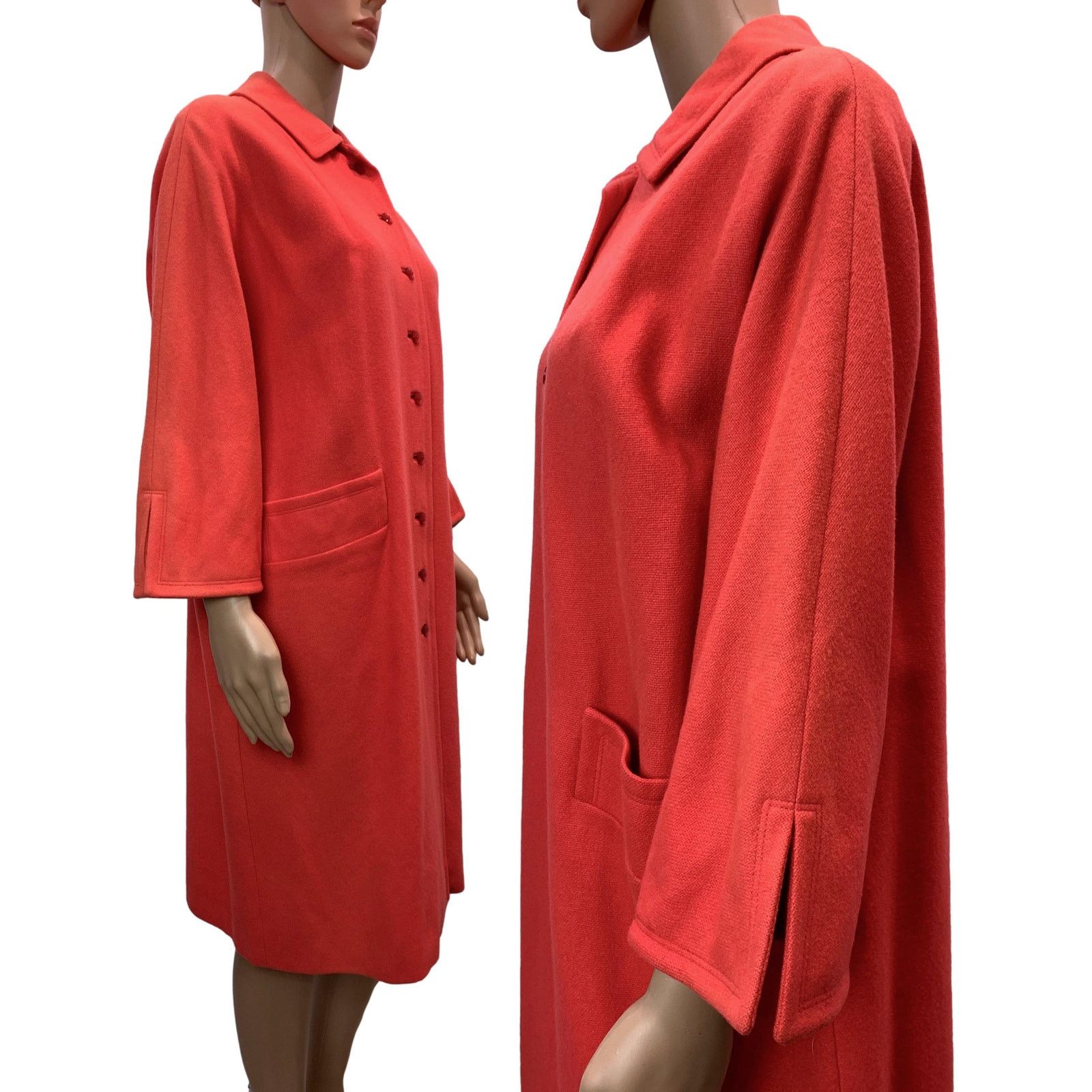 Vintage 60s Coral Orange Pink Wool Midi Coat | Overcoat Mid Century Size S / US 4 / IT 40 - 6 Thumbnail