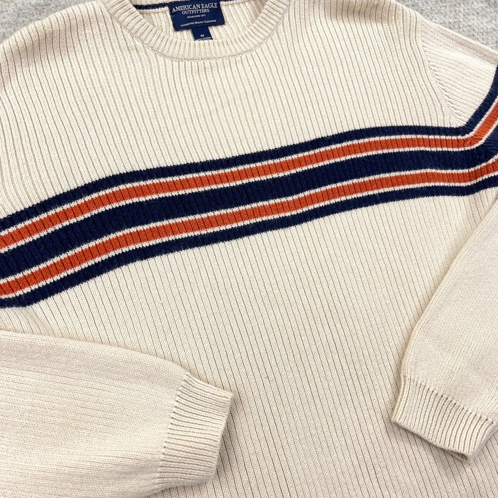 American Eagle Outfitters Vintage American Eagle Outfitters Sweater Men M Cream White Chunky Knit Stripe Size US M / EU 48-50 / 2 - 6 Thumbnail