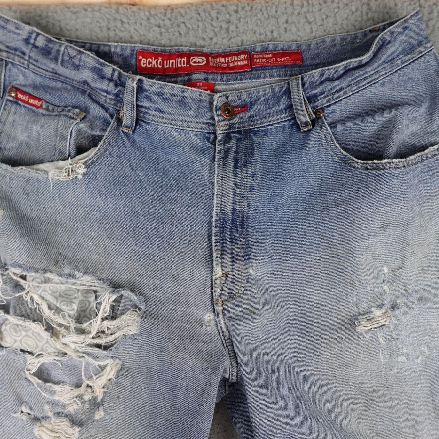 Ecko Unltd. Ecko Unltd. Jeans Mens 38 Blue Rhino-Cut Distressed Thrashed 5-Pocket Denim Y2K Vintage Hip Hop Logo 90s Jeans Mens Size US 38 / EU 54 - 7 Thumbnail