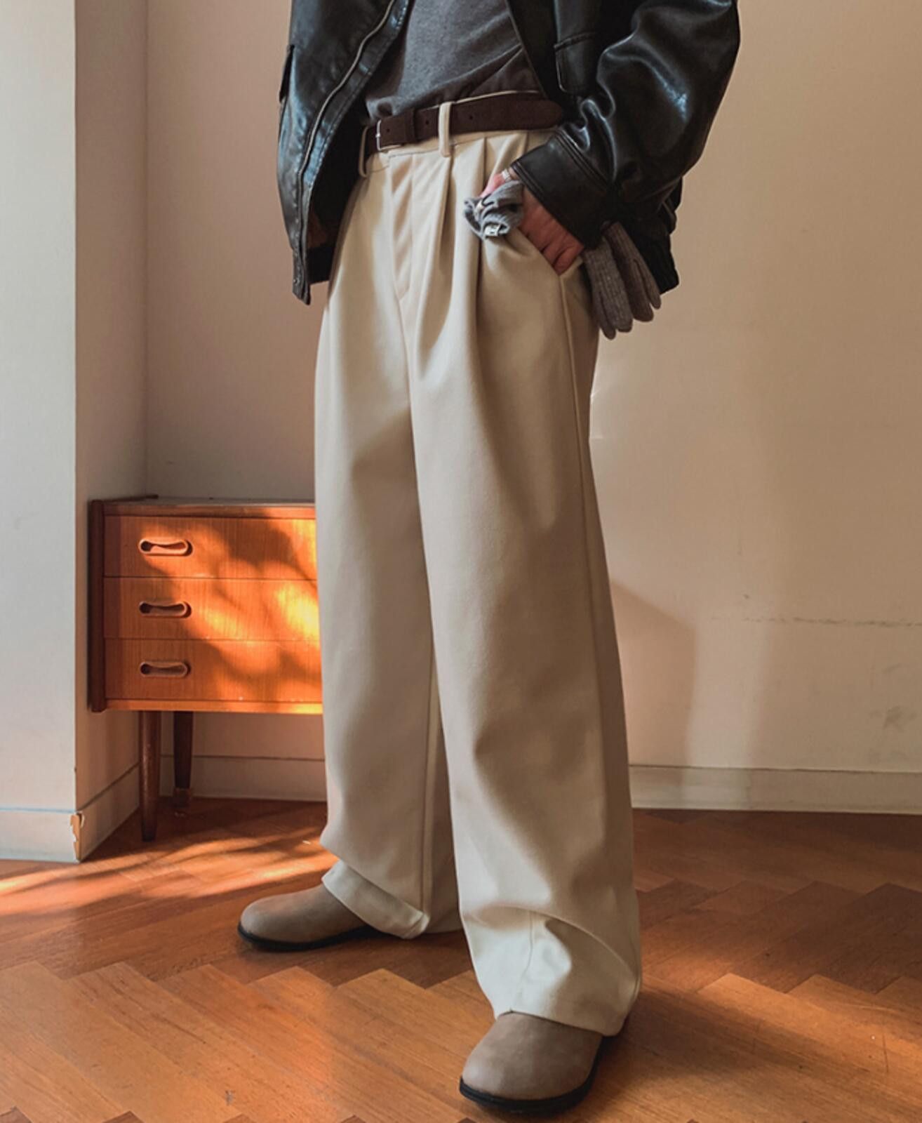 Other Beige Wide Leg Pants, Men's Relaxed Fit Trousers Size US 28 / EU 44 - 2 Thumbnail