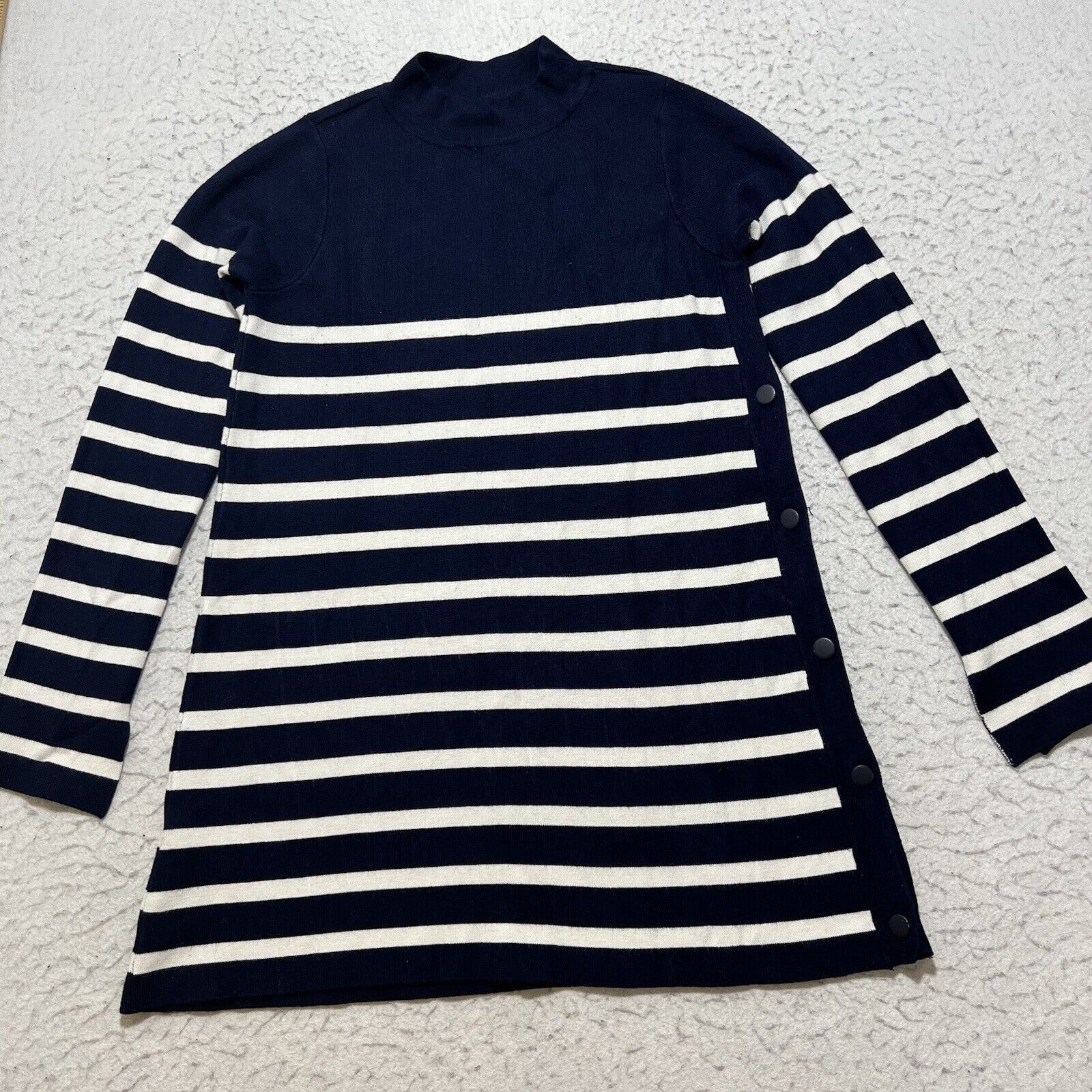 Zara Zara Knit Mock Neck Snap Button Side Blue Striped Sweater Size S / US 4 / IT 40 - 1 Thumbnail