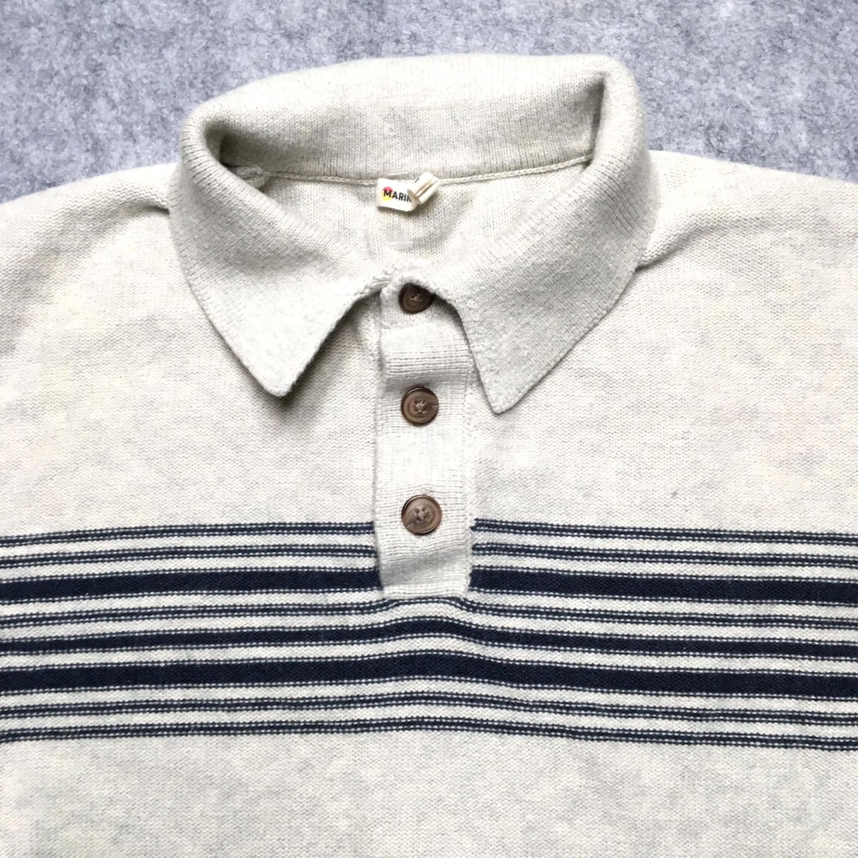 Marine Layer Marine Layer Mens Medium Beige Navy Stripe Knit Polo Pullover Sweater Shirt Size US M / EU 48-50 / 2 - 3 Thumbnail