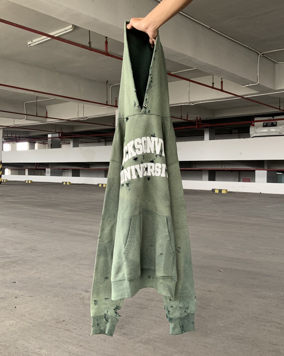 image of Archival Clothing x Vintage Trashed Sun Faded Green Hoodie, Men's (Size Large)