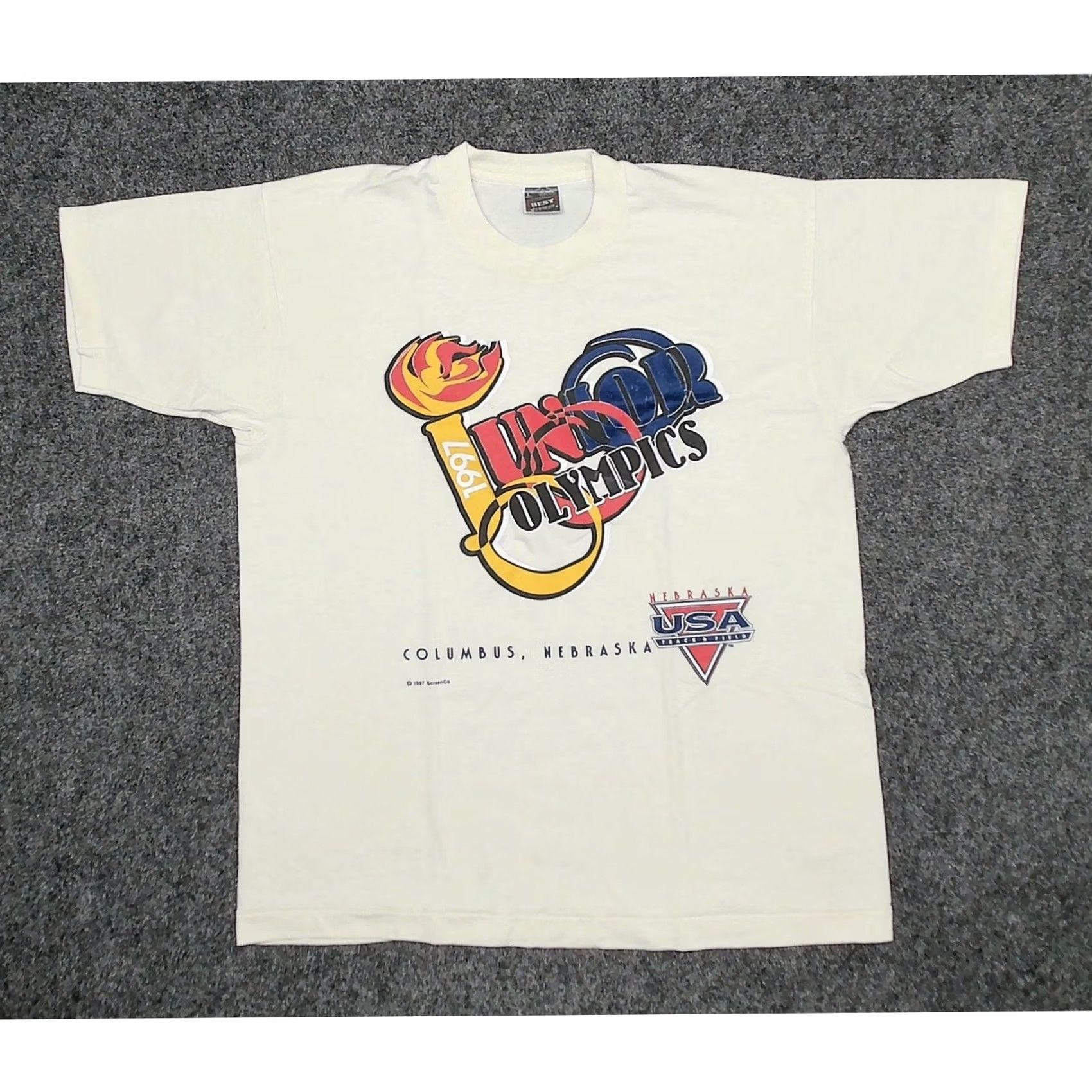 Fruit Of The Loom VINTAGE 1997 Junior Olympics Nebraska Track T Shirt Mens L Single Stitch Crew Neck Short Sleeve Cotton Cream 90s Retro Running Shirt Boxy Fit Mens Size US L / EU 52-54 / 3 - 3 Thumbnail