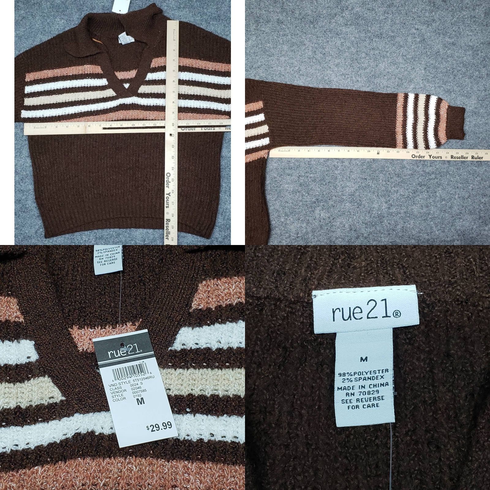 Vintage Rue21 Sweater Womens M Brown Striped Collared Ribbed Knit Pullover New Size M / US 6-8 / IT 42-44 - 8 Thumbnail
