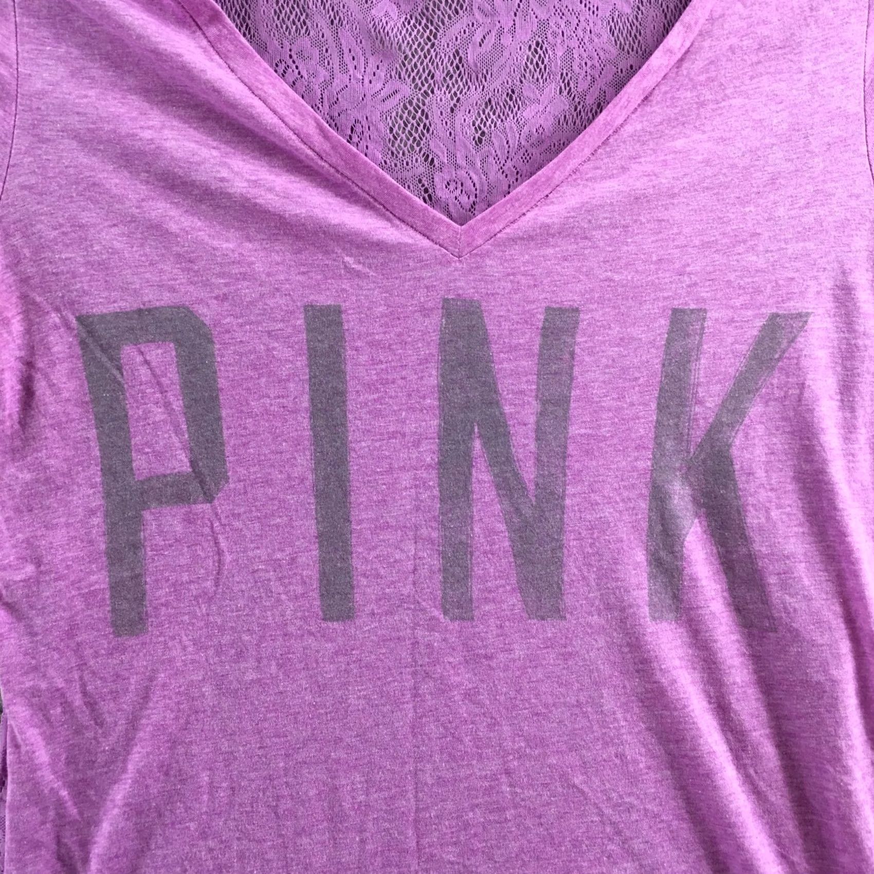 Victoria's Secret Victoria's Secret PINK Top Womens M Purple V-Neck Tee Lace Back Graphic Logo Shirt Size M / US 6-8 / IT 42-44 - 5 Thumbnail