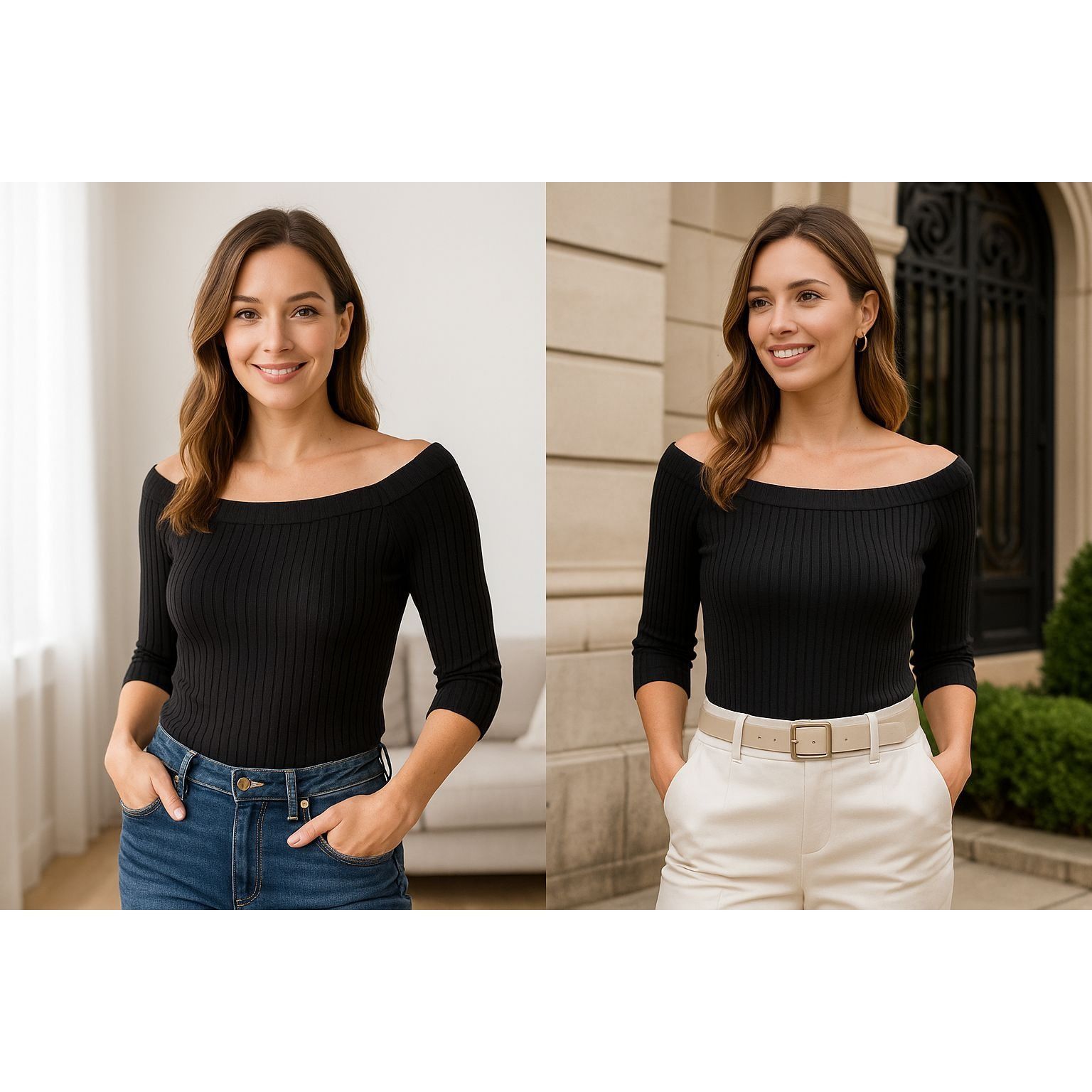 Ann Taylor Ann Taylor Black M Ribbed Off-Shoulder Top – Quiet Luxury Mi Size S / US 4 / IT 40 - 1 Thumbnail