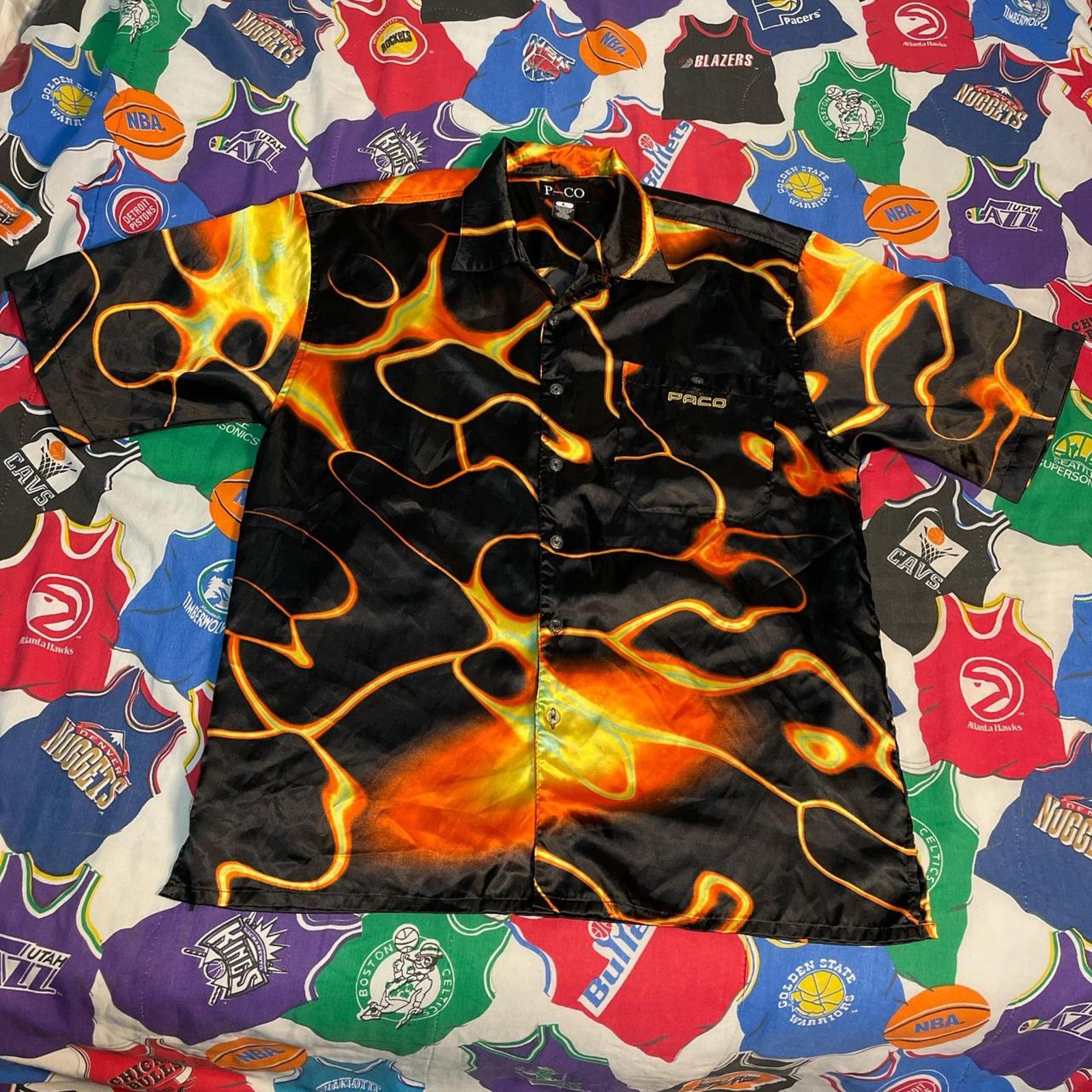 Affliction × Ecko Unltd. × JNCO Y2K PACO Top Heavy Grunge Fire Flame Style Silk Button Tee Size US XL / EU 56 / 4 - 1 Thumbnail