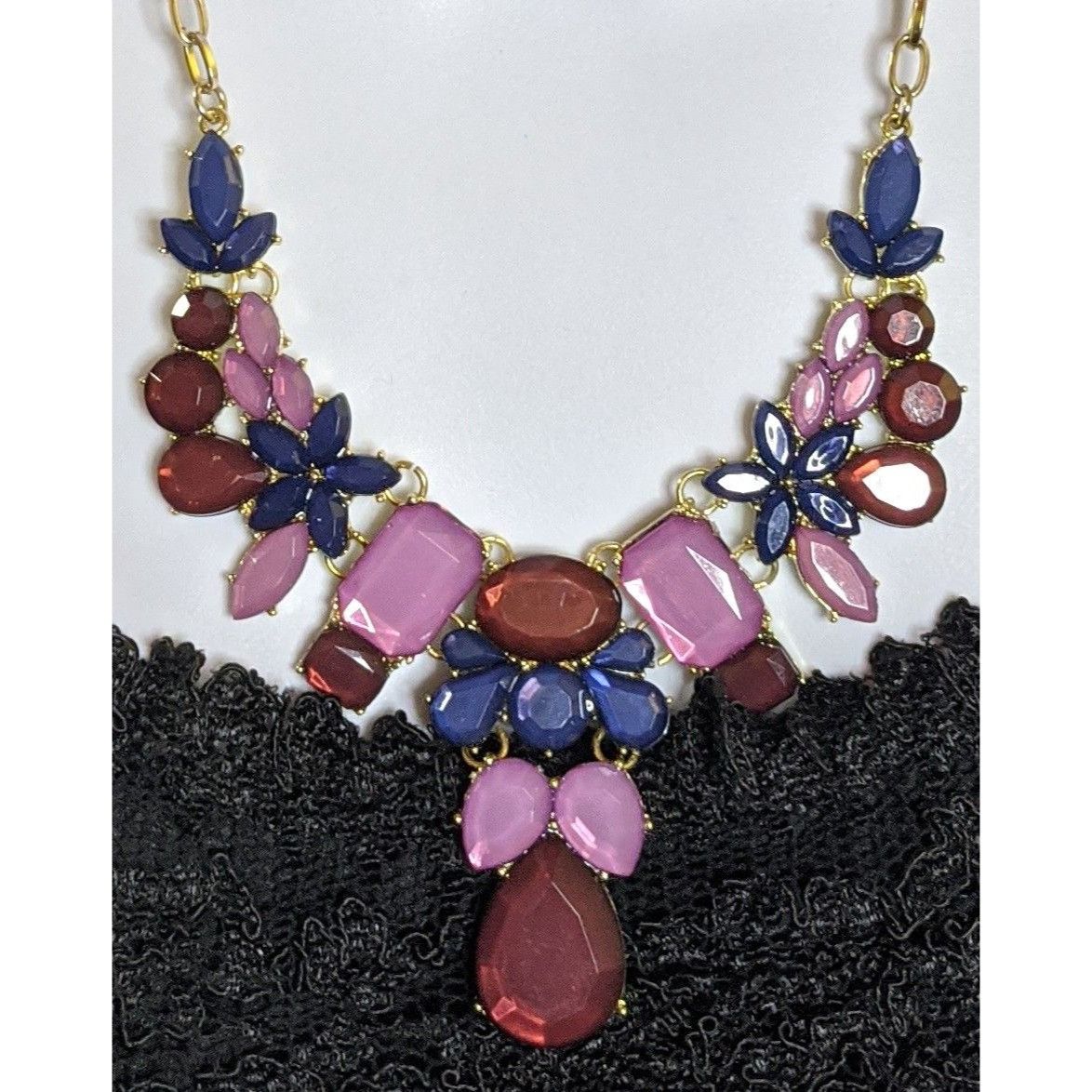 Other Floral Jewel Tone Statement Necklace With Red Pink & Navy Ge Size ONE SIZE - 1 Thumbnail